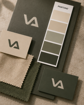 VAVABUY brand identity — Pantone palette, business cards and fabric swatches